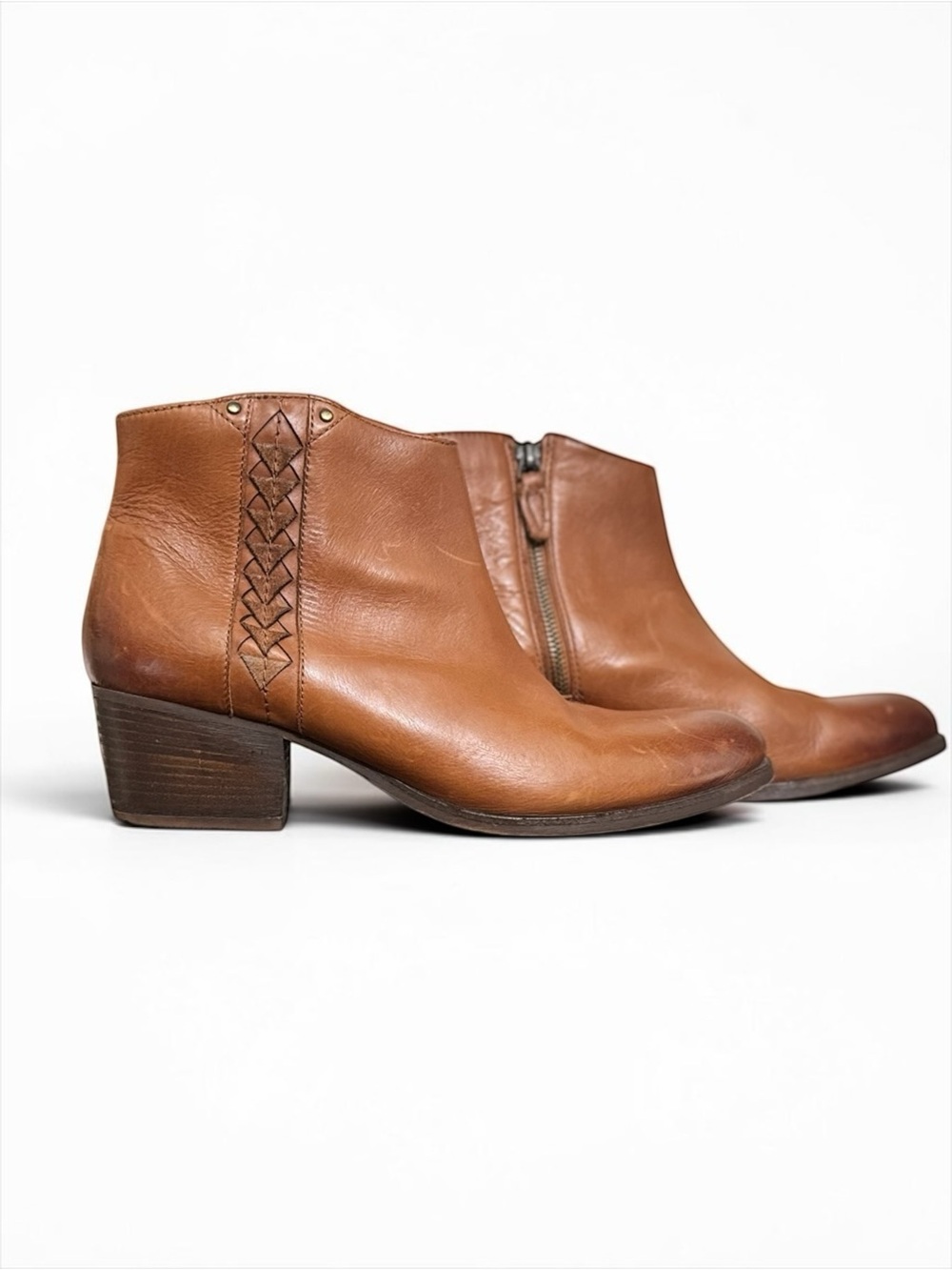 Clarks Maypearl Fawn Brown Leather Block Heel Ankle Boots Size 9.5